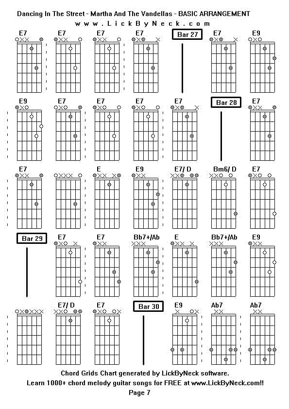 Chord Grids Chart of chord melody fingerstyle guitar song-Dancing In The Street - Martha And The Vandellas - BASIC ARRANGEMENT,generated by LickByNeck software.